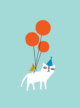 bday-cat and bird with balloons