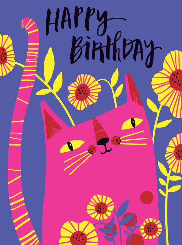 bday-pink kitty in flowers on purple