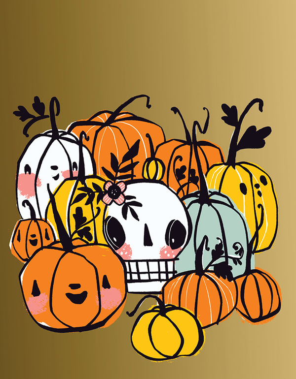 hall-skull in pumpkins on metallic gold